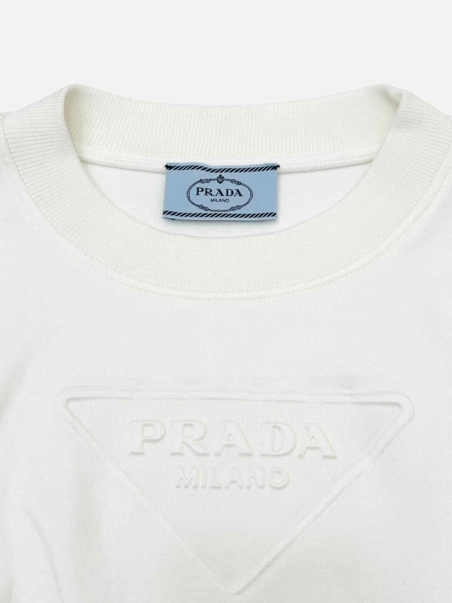 Pre - loved PRADA Cropped White Logo Top & Shorts Outfit at Reems Closet