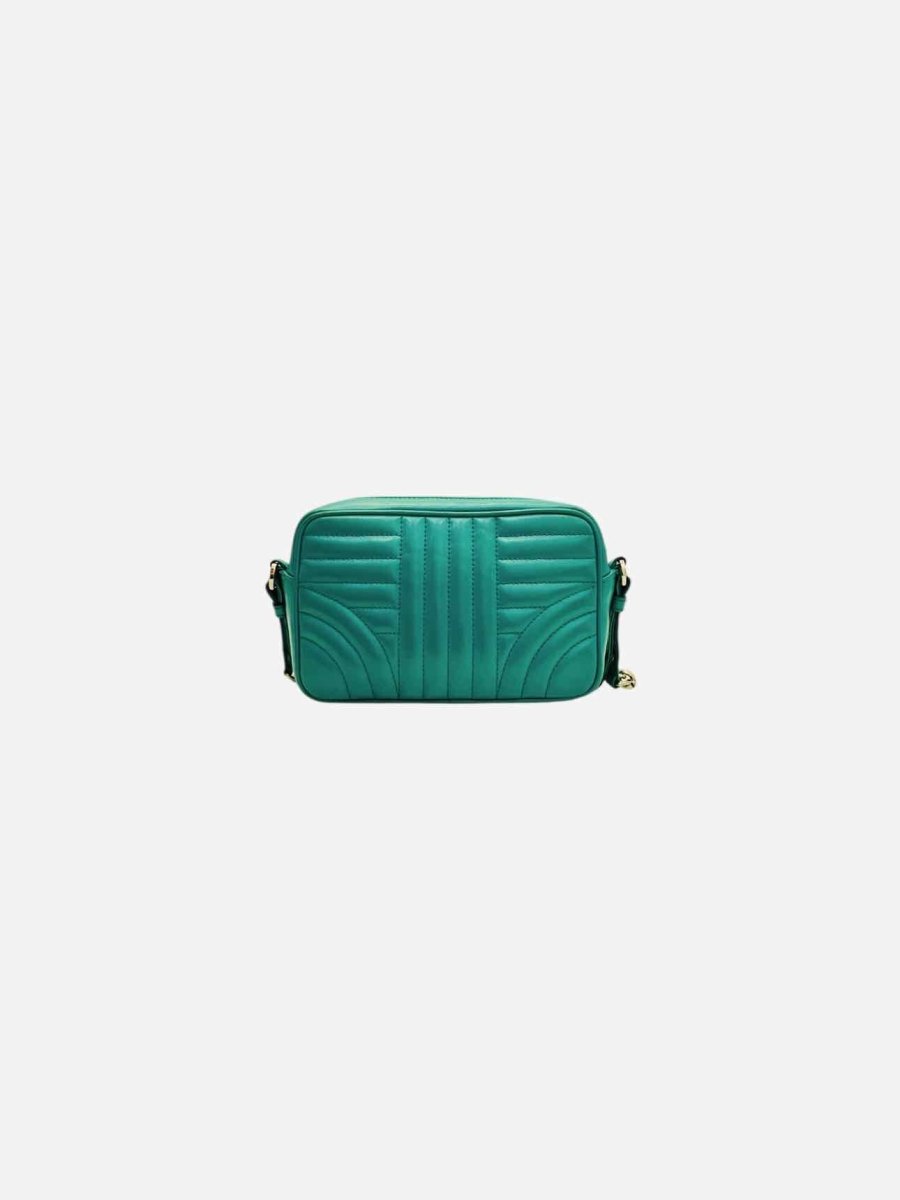 Pre - loved PRADA Diagramme Camera Turquoise Quilted Crossbody at Reems Closet