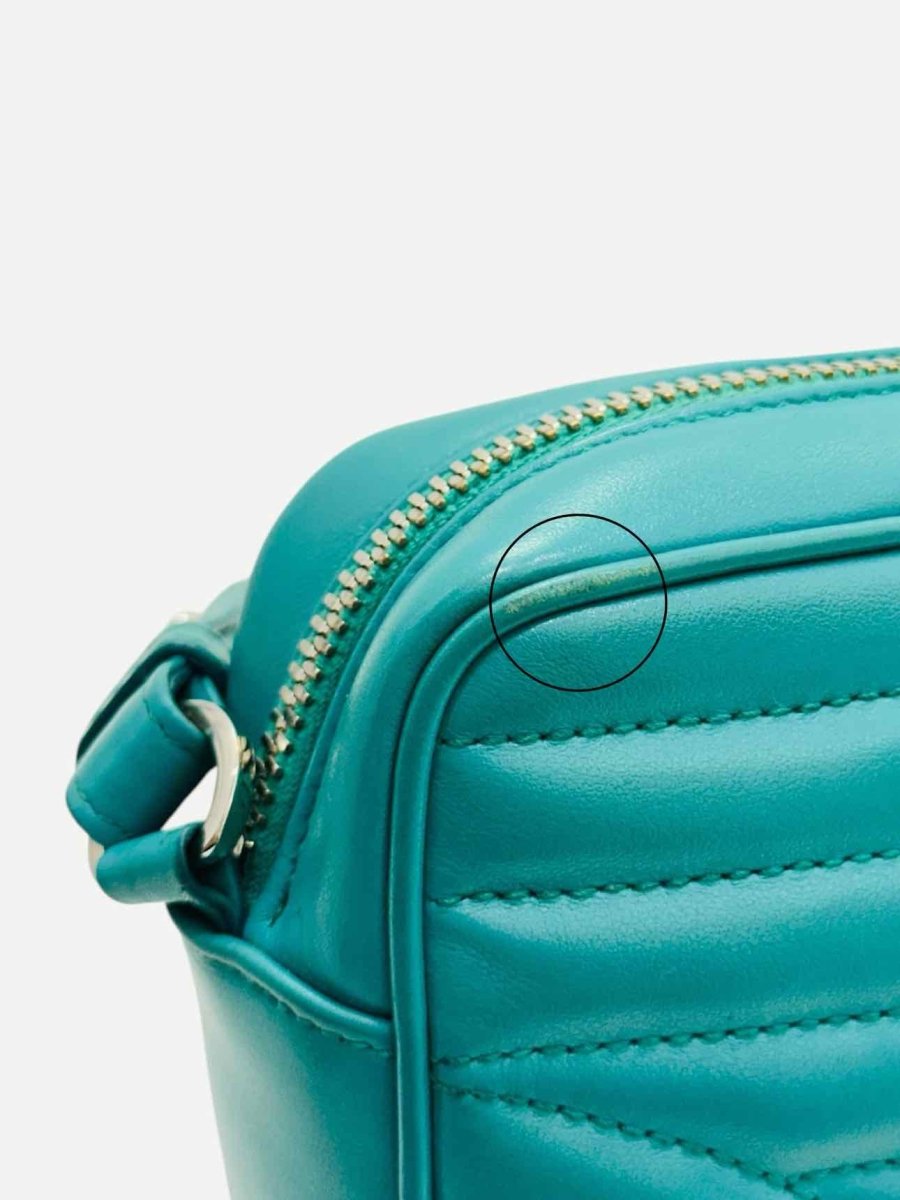 Pre - loved PRADA Diagramme Camera Turquoise Quilted Crossbody at Reems Closet