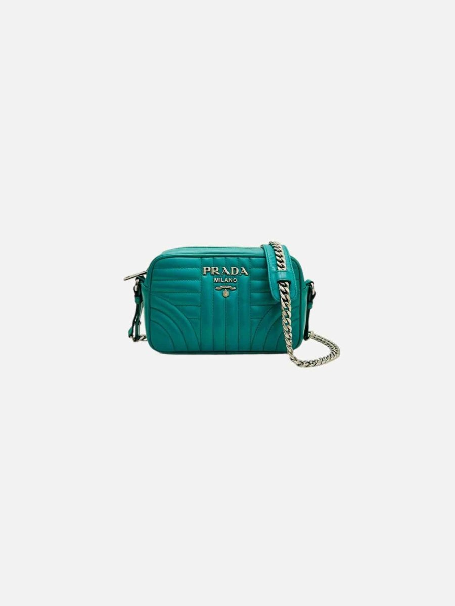 Pre - loved PRADA Diagramme Camera Turquoise Quilted Crossbody at Reems Closet