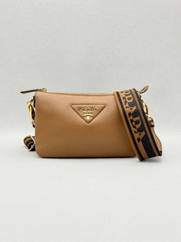Pre-loved PRADA Logo-Strap Brown Shoulder Bag at Reems Closet