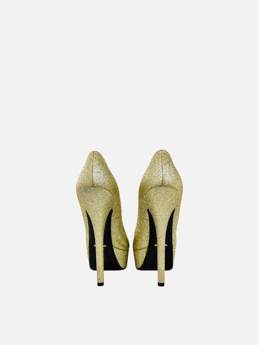 Pre - loved PRADA Peep Toe Gold Pumps 39 at Reems Closet