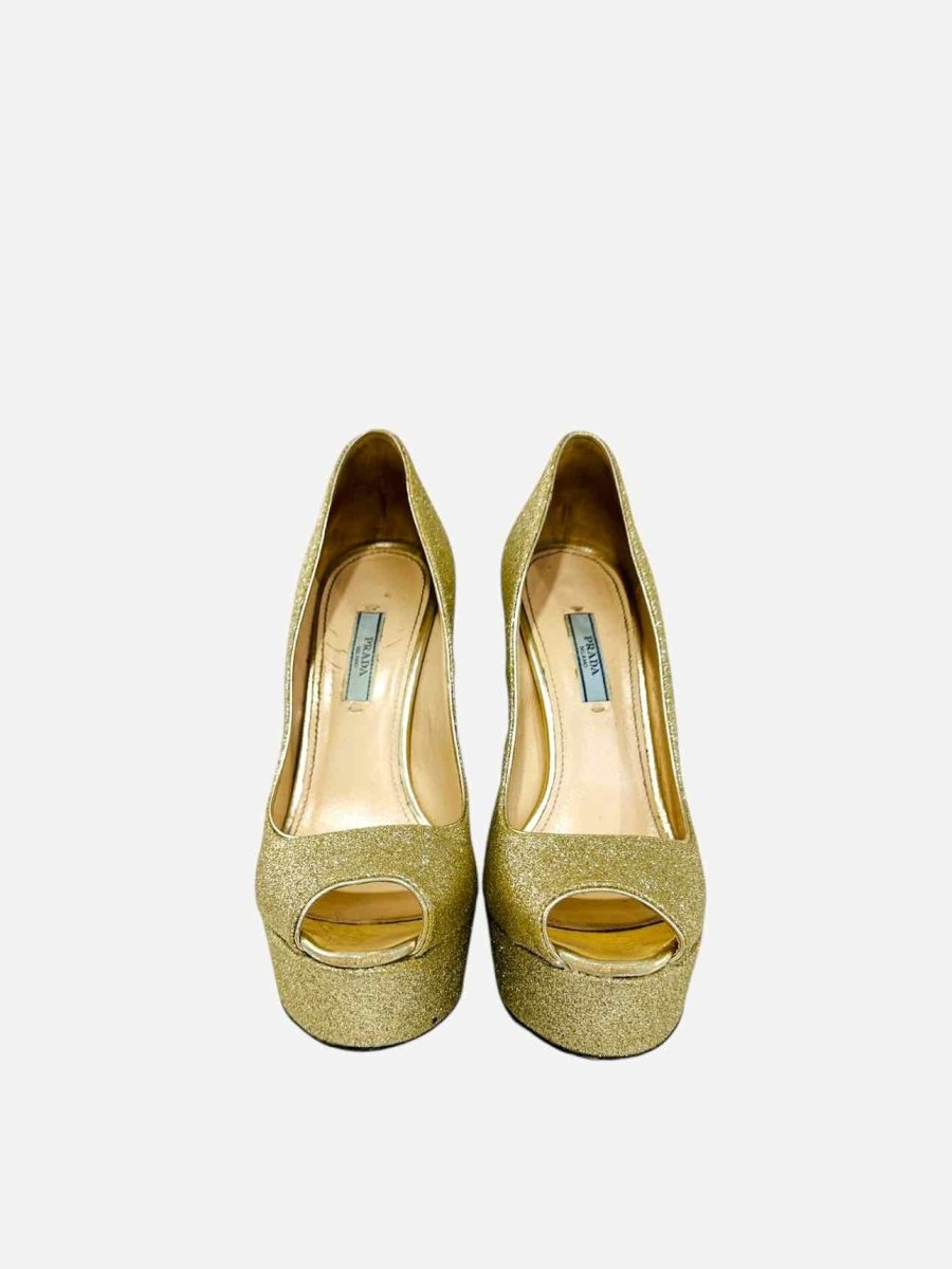 Pre - loved PRADA Peep Toe Gold Pumps 39 at Reems Closet