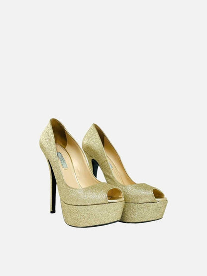 Pre - loved PRADA Peep Toe Gold Pumps 39 at Reems Closet