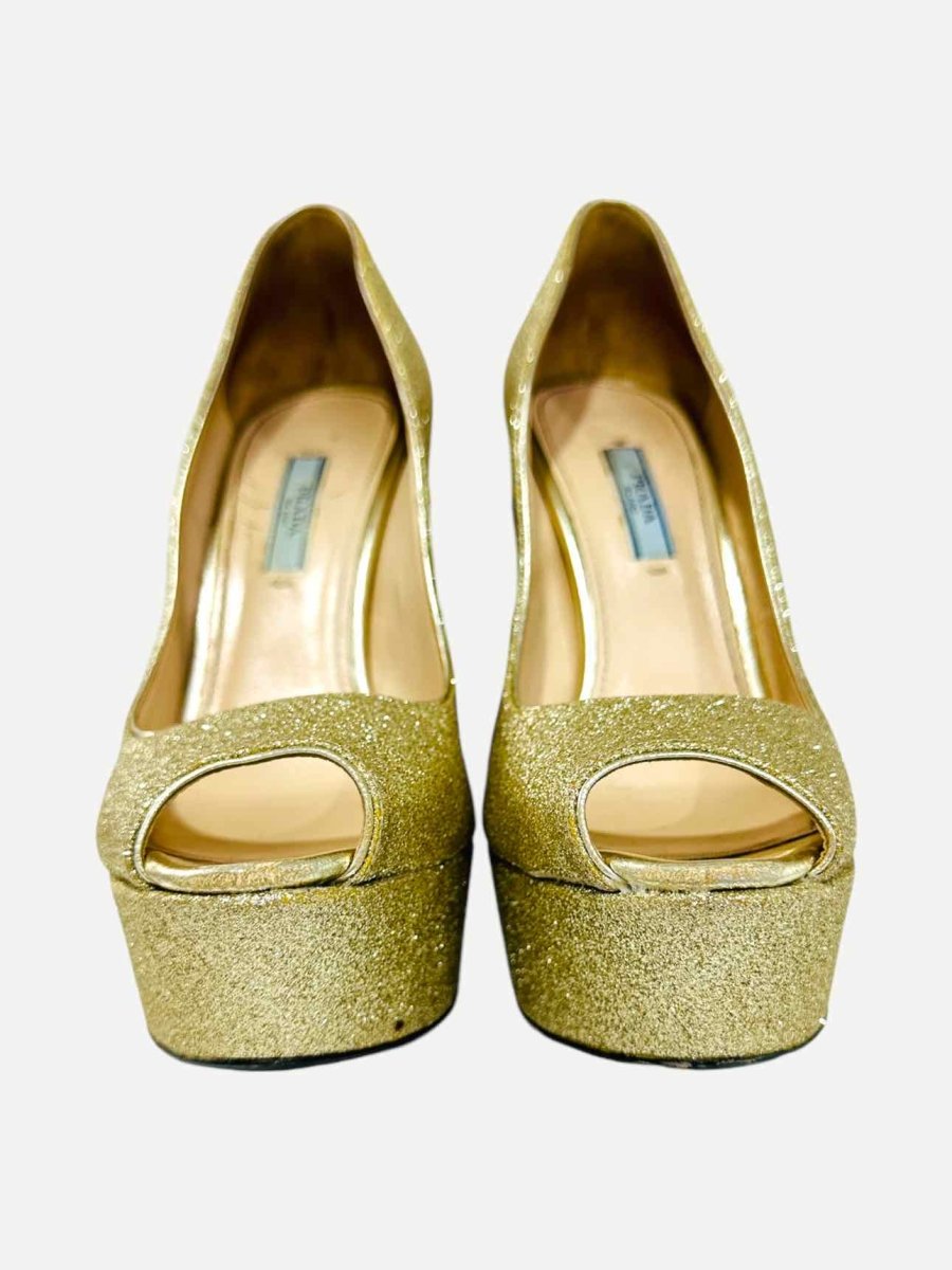 Pre - loved PRADA Peep Toe Gold Pumps 39 at Reems Closet