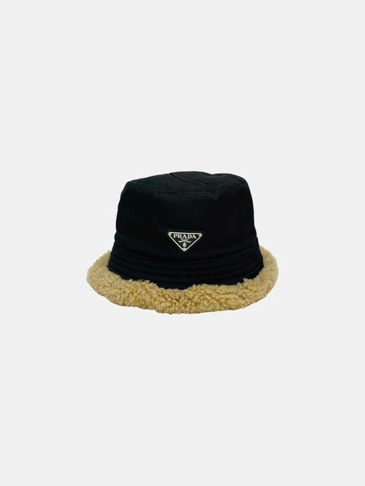 Pre - loved PRADA Shearling Black & Cream Bucket Hat at Reems Closet