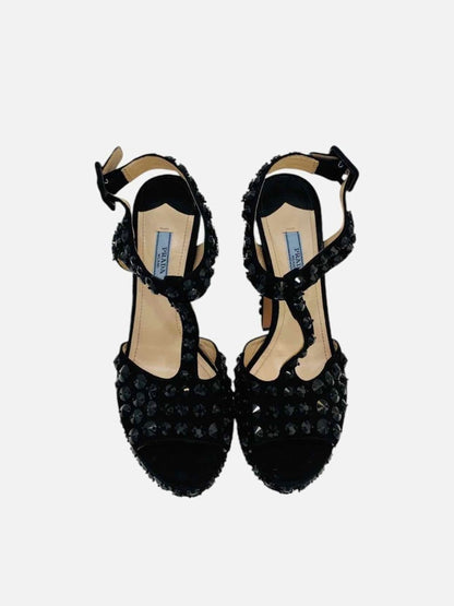 Pre - loved PRADA T - bar Black Stud Embellished Heeled Sandals at Reems Closet