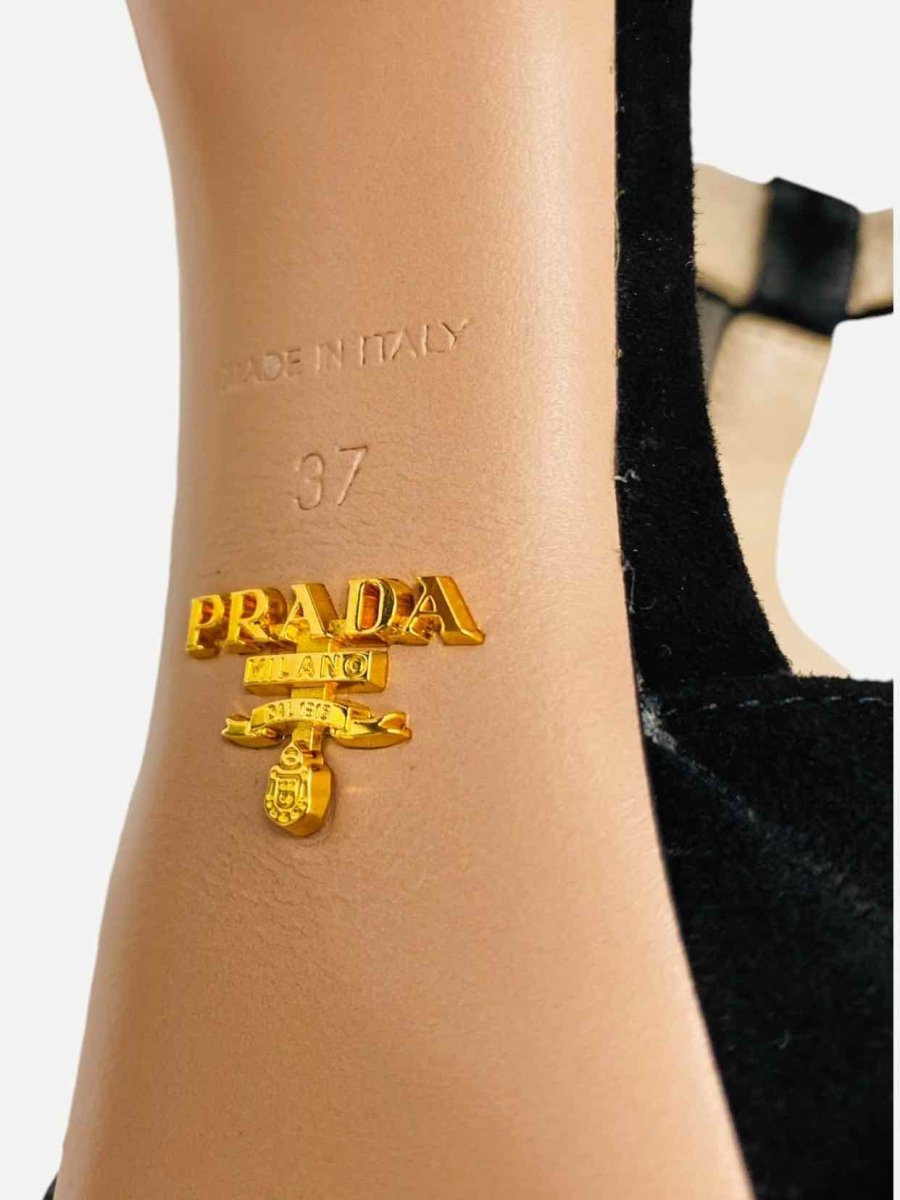 Pre - loved PRADA T - bar Black Stud Embellished Heeled Sandals at Reems Closet