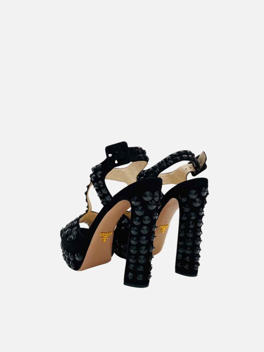 Pre - loved PRADA T - bar Black Stud Embellished Heeled Sandals at Reems Closet