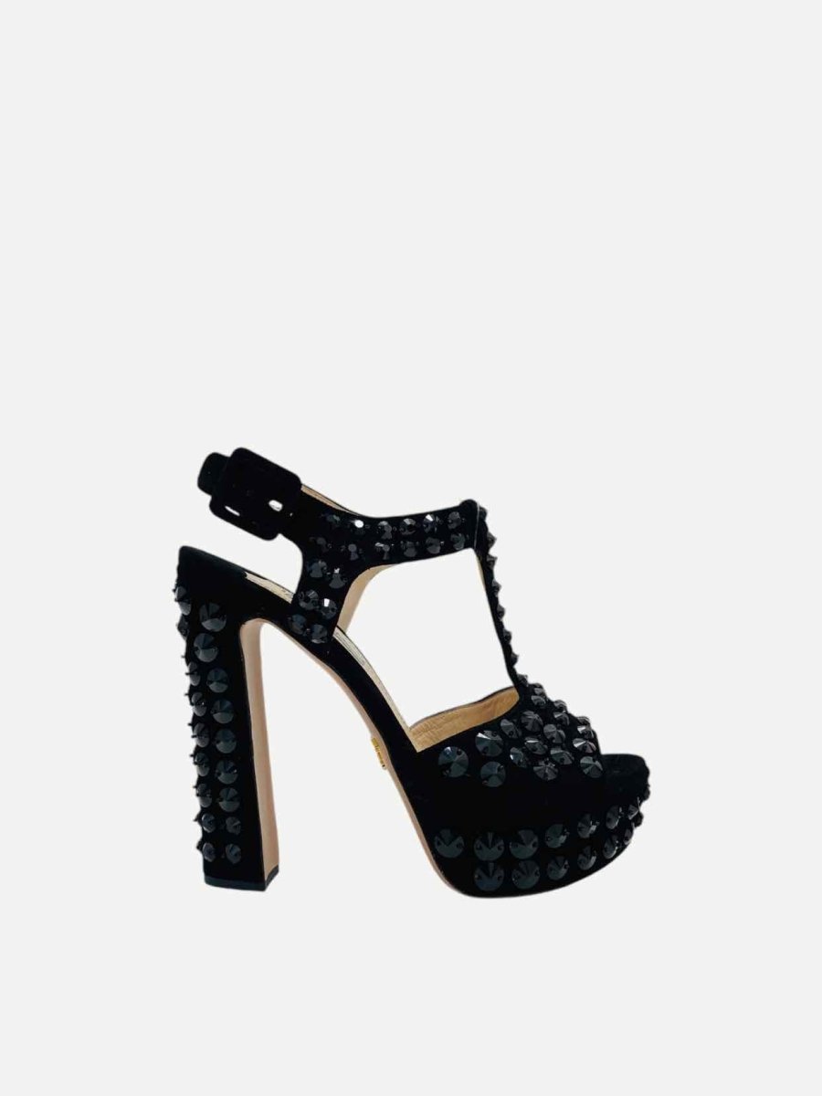 Pre - loved PRADA T - bar Black Stud Embellished Heeled Sandals at Reems Closet