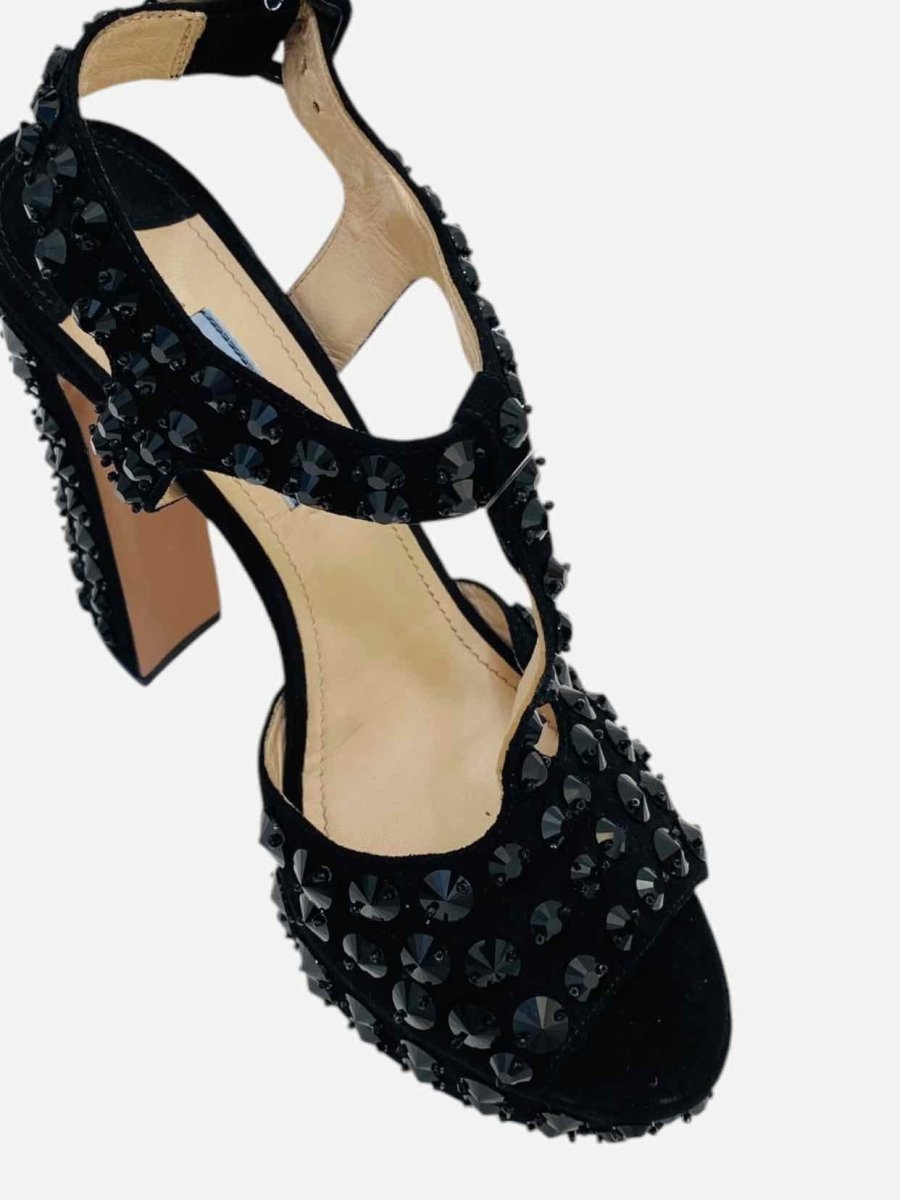 Pre - loved PRADA T - bar Black Stud Embellished Heeled Sandals at Reems Closet