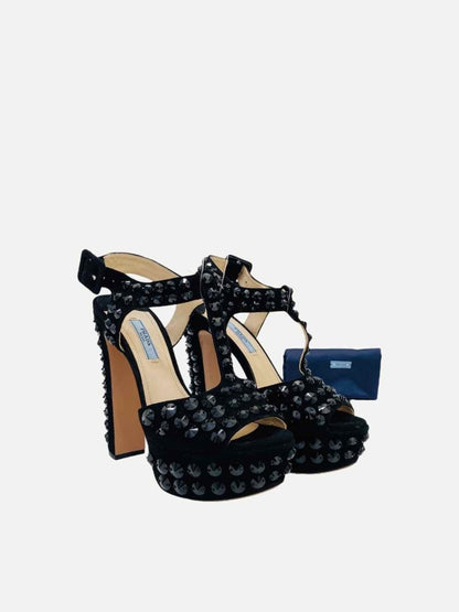 Pre - loved PRADA T - bar Black Stud Embellished Heeled Sandals at Reems Closet