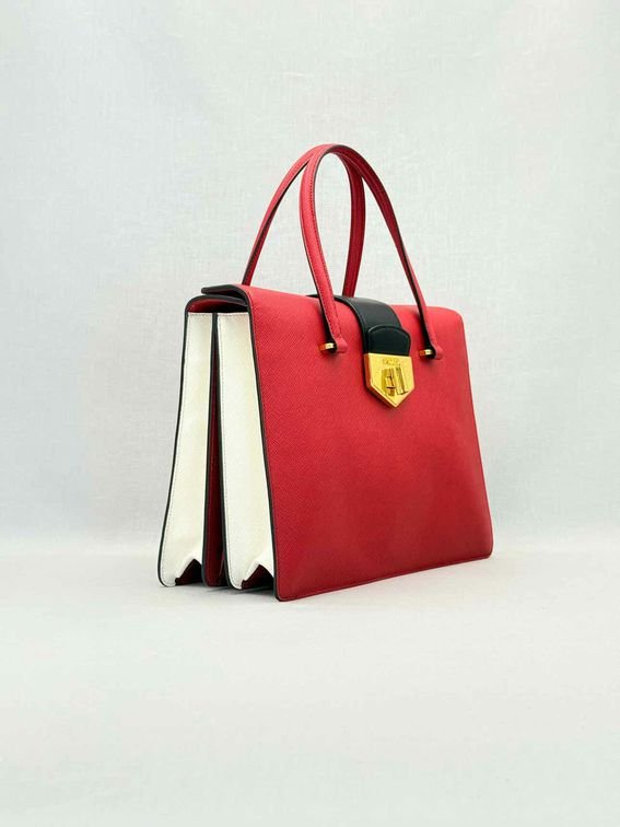 Pre - loved PRADA Tricolor Turn Lock Red Multicolor Tote Bag at Reems Closet