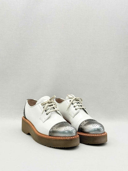 Pre-loved PRADA White & Silver Cap Toe Size EU 38 Brogues at Reems Closet