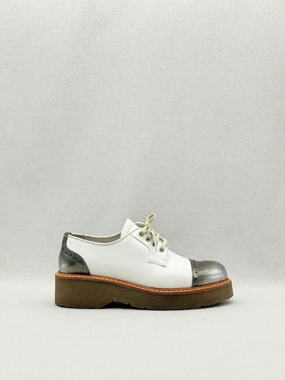 Pre-loved PRADA White & Silver Cap Toe Size EU 38 Brogues at Reems Closet