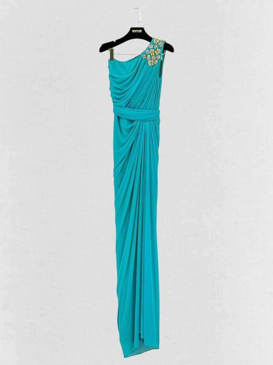 Pre - loved RAMONA COUTURE Turquoise Ruched Size US 4 Long Dress at Reems Closet