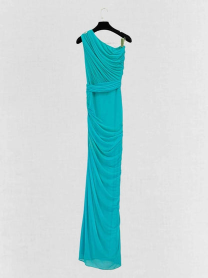 Pre - loved RAMONA COUTURE Turquoise Ruched Size US 4 Long Dress at Reems Closet