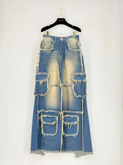 Pre - loved REBORN Front Split Blue Fringed Size 27 Long Skirt at Reems Closet