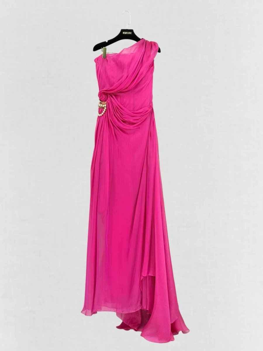 Pre - loved REEM ACRA One Shoulder Fuchsia Size US 8 Long Dress at Reems Closet