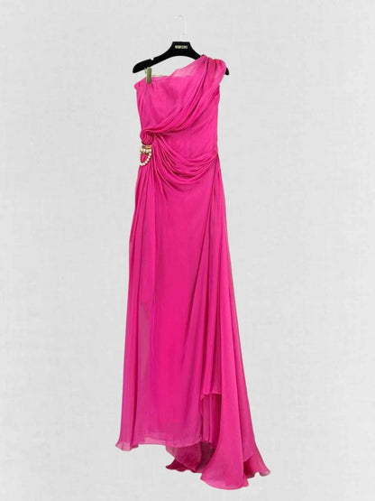 Pre - loved REEM ACRA One Shoulder Fuchsia Size US 8 Long Dress at Reems Closet