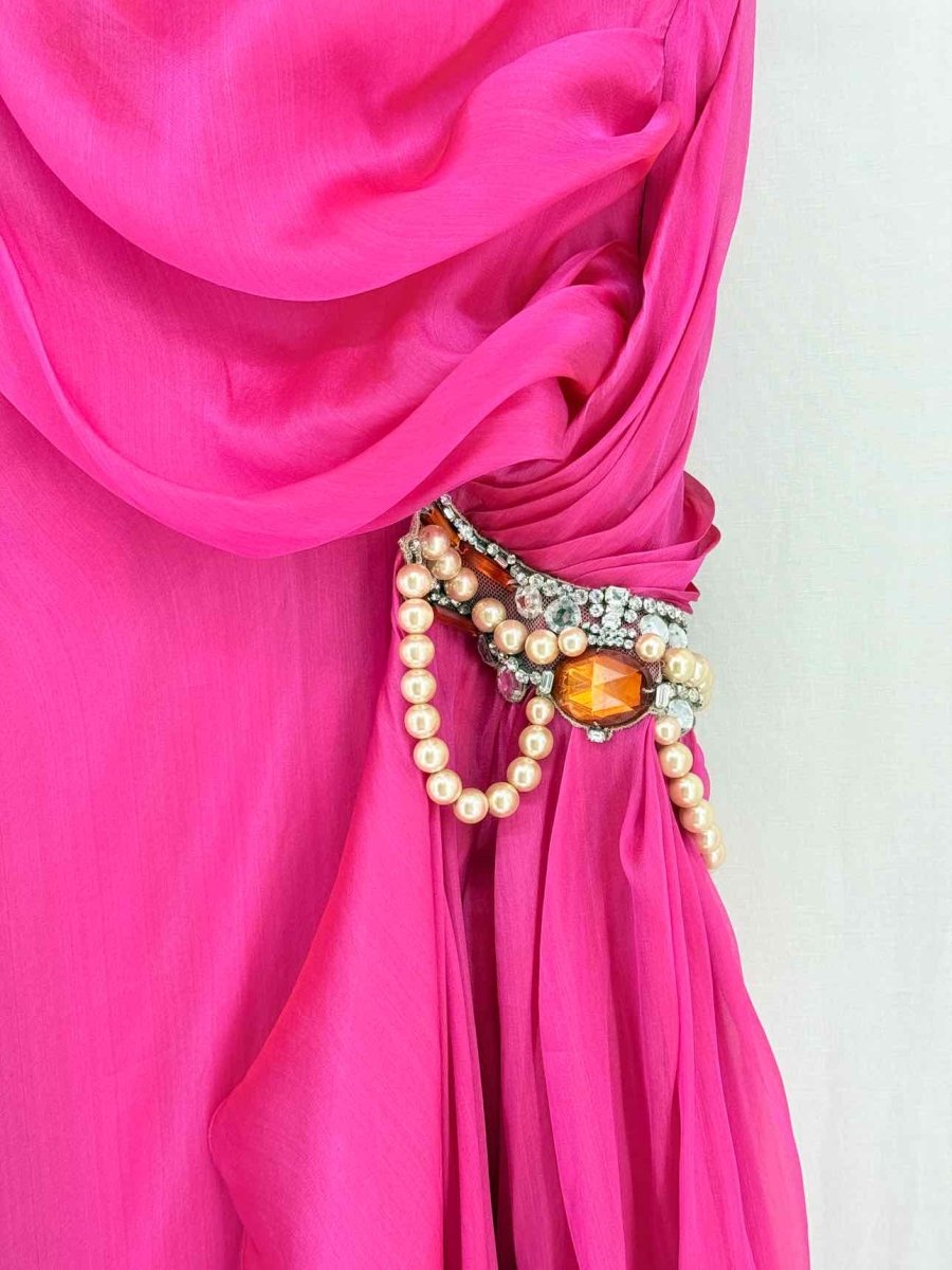 Pre - loved REEM ACRA One Shoulder Fuchsia Size US 8 Long Dress at Reems Closet