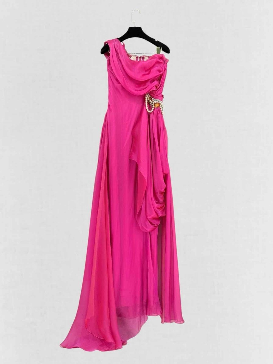 Pre - loved REEM ACRA One Shoulder Fuchsia Size US 8 Long Dress at Reems Closet