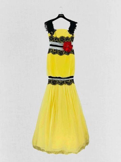 Pre - loved REEMS CLOSET Tulle Yellow & Black Lace Trim Long Dress at Reems Closet