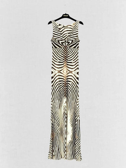 Pre - loved ROBERTO CAVALLI Beige & Brown Size US 8 Long Dress at Reems Closet