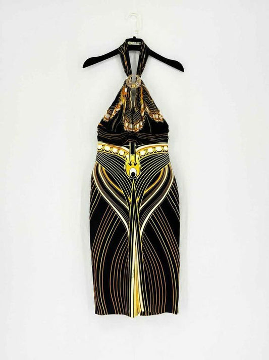 Pre - loved ROBERTO CAVALLI Black & Yellow Knee Length Dress at Reems Closet