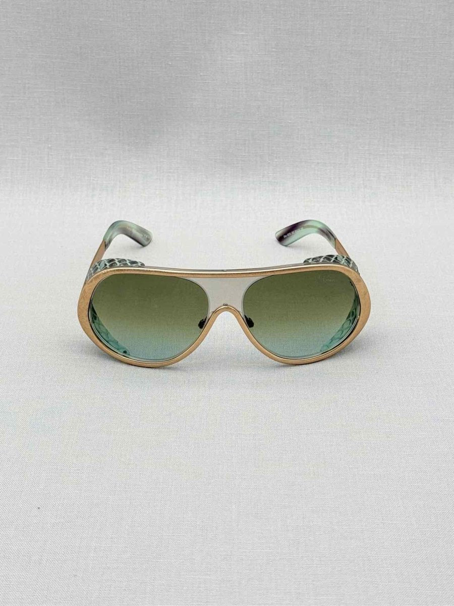 Pre-loved ROBERTO CAVALLI Green & Gold Tone Snakeskin Sunglasses at Reems Closet