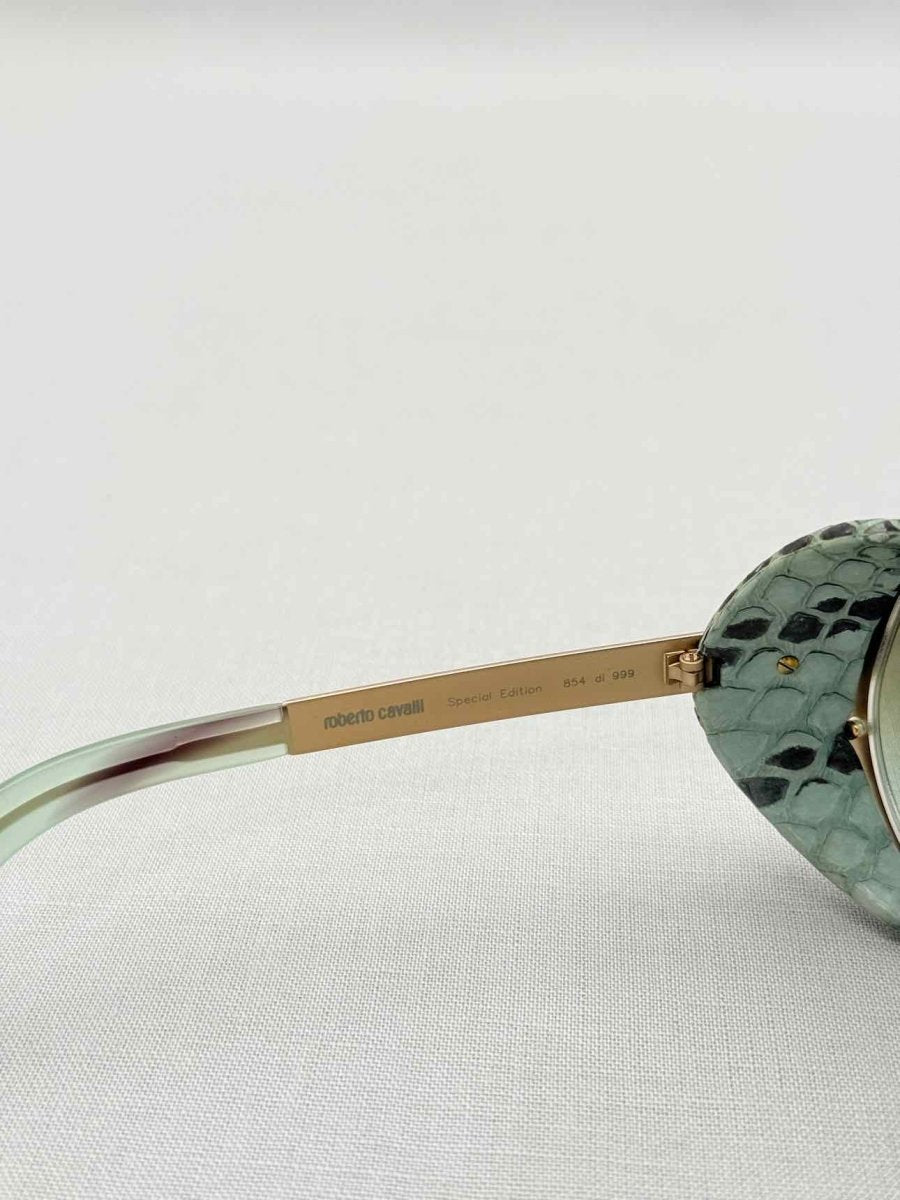 Pre-loved ROBERTO CAVALLI Green & Gold Tone Snakeskin Sunglasses at Reems Closet