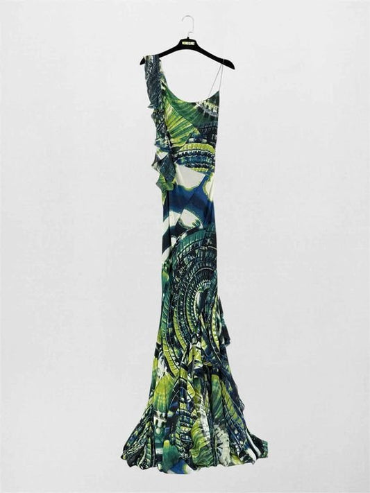 Pre-loved ROBERTO CAVALLI Green Multicolor Size Small Long Dress at Reems Closet