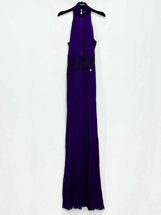 Pre - loved ROBERTO CAVALLI Halterneck Purple Ribbed Long Dress at Reems Closet