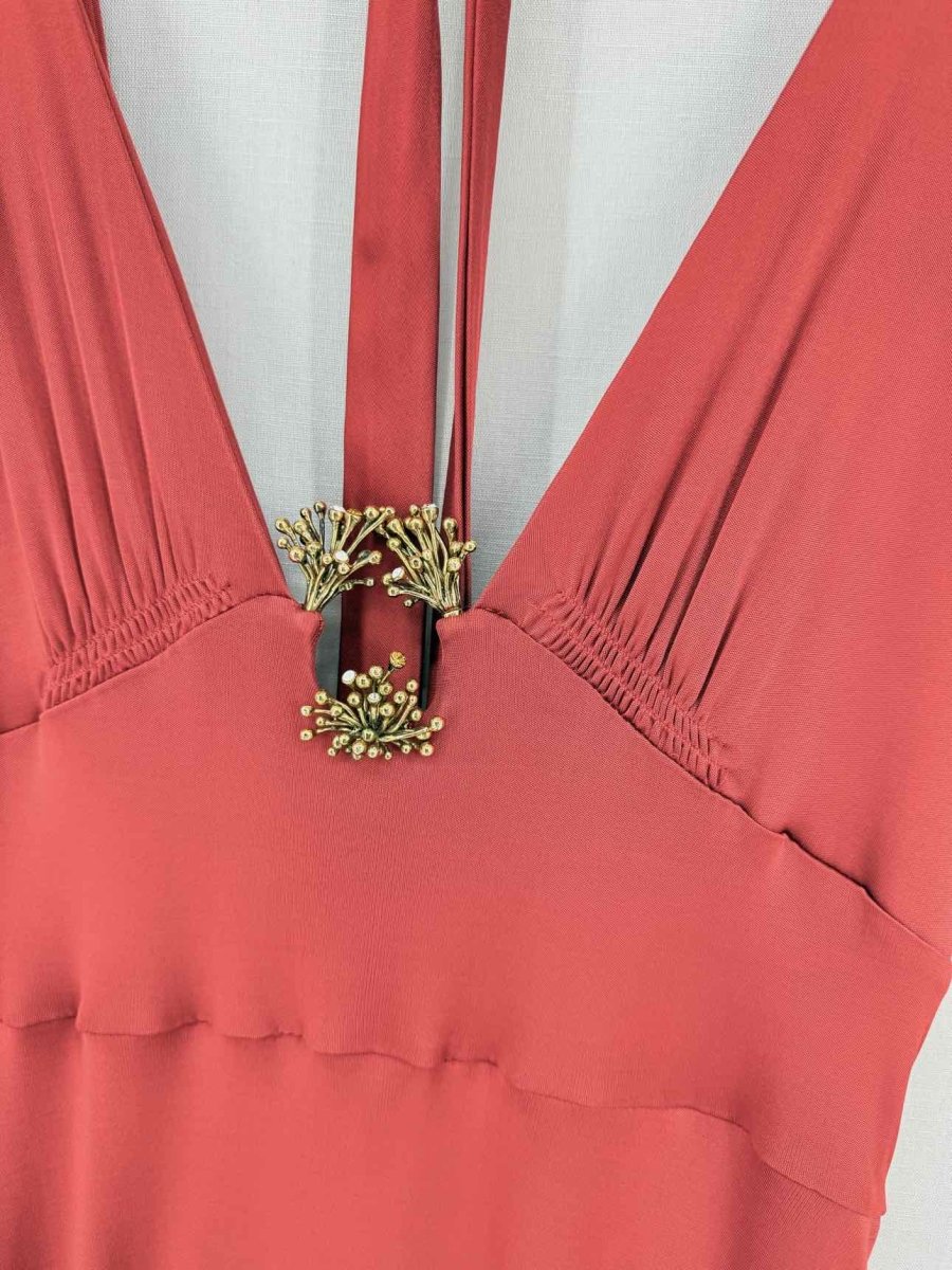 Pre - loved ROBERTO CAVALLI Halterneck Ruched Size US 8 Long Dress at Reems Closet