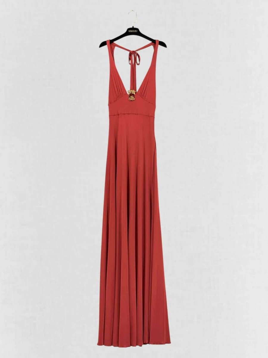 Pre - loved ROBERTO CAVALLI Halterneck Ruched Size US 8 Long Dress at Reems Closet
