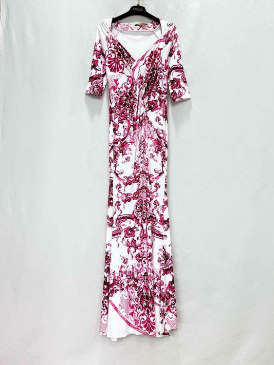 Pre - loved ROBERTO CAVALLI Maxi White & Pink Printed Long Dress at Reems Closet
