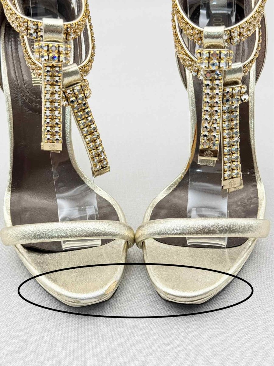 Pre - loved ROBERTO CAVALLI Metallic Gold Size EU 36 Heeled Sandals at Reems Closet