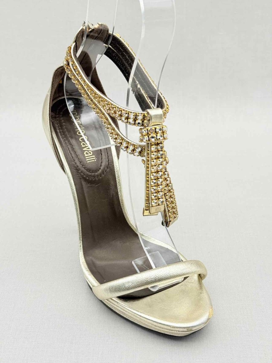 Pre - loved ROBERTO CAVALLI Metallic Gold Size EU 36 Heeled Sandals at Reems Closet