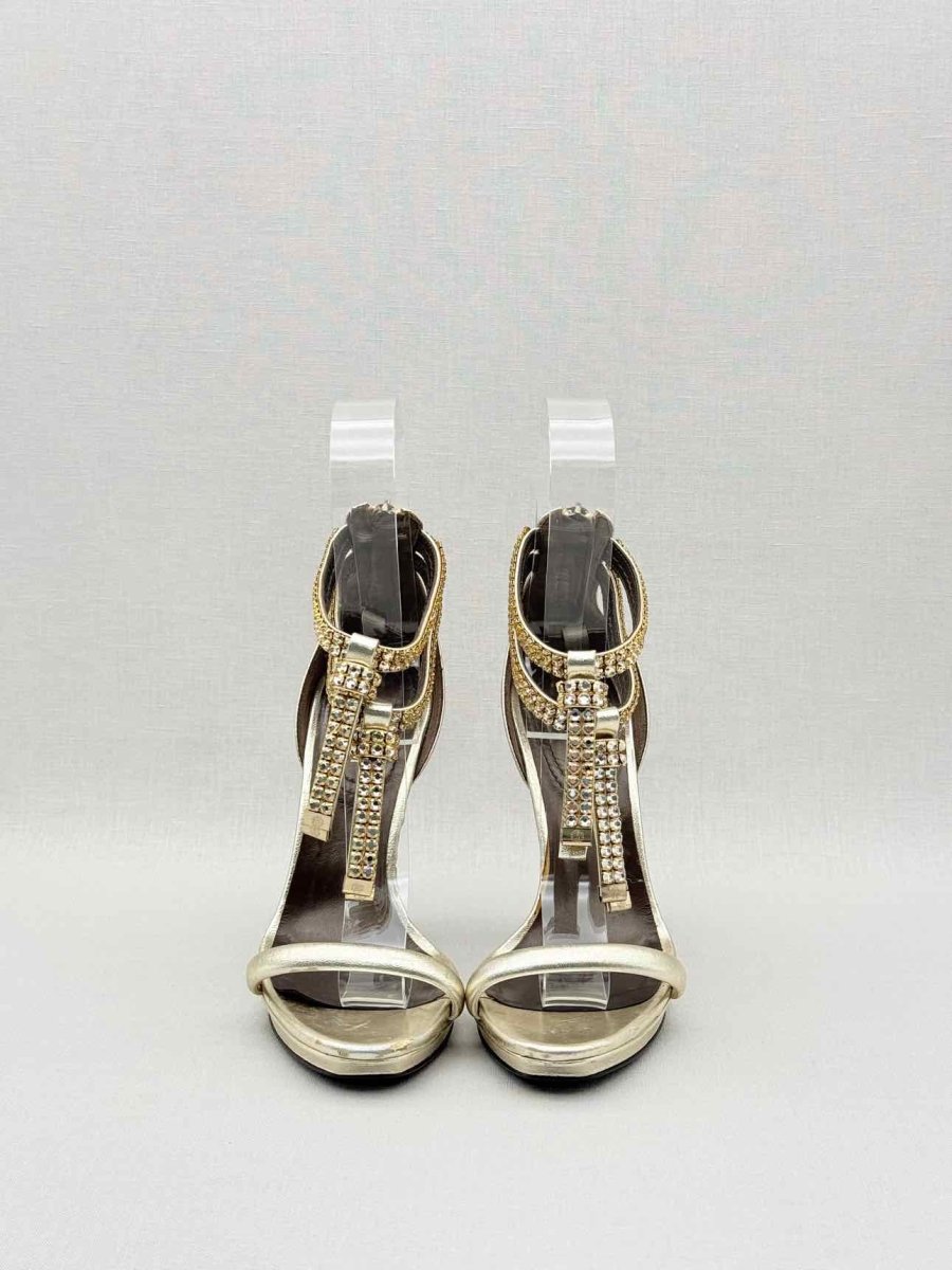 Pre - loved ROBERTO CAVALLI Metallic Gold Size EU 36 Heeled Sandals at Reems Closet