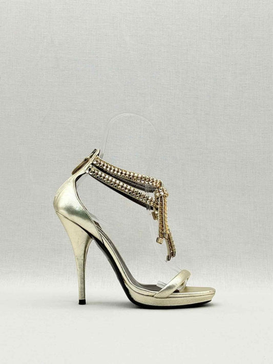 Pre - loved ROBERTO CAVALLI Metallic Gold Size EU 36 Heeled Sandals at Reems Closet