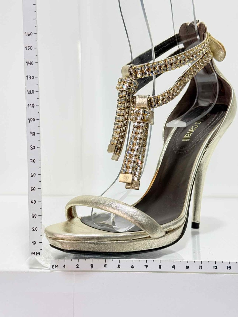 Pre - loved ROBERTO CAVALLI Metallic Gold Size EU 36 Heeled Sandals at Reems Closet