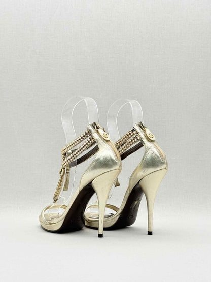 Pre - loved ROBERTO CAVALLI Metallic Gold Size EU 36 Heeled Sandals at Reems Closet