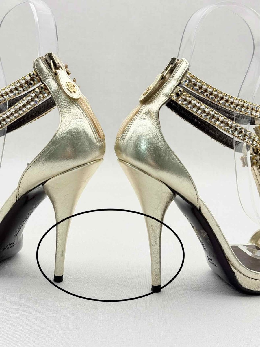 Pre - loved ROBERTO CAVALLI Metallic Gold Size EU 36 Heeled Sandals at Reems Closet