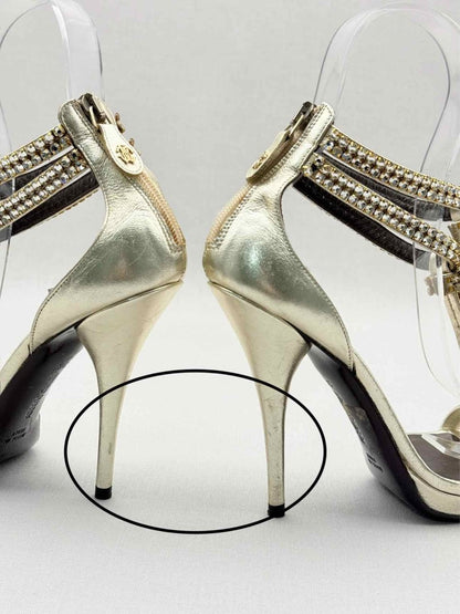 Pre - loved ROBERTO CAVALLI Metallic Gold Size EU 36 Heeled Sandals at Reems Closet