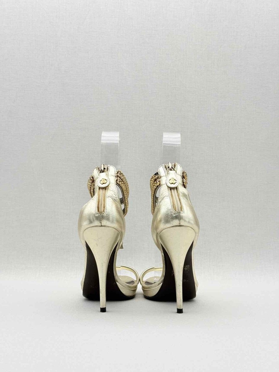 Pre - loved ROBERTO CAVALLI Metallic Gold Size EU 36 Heeled Sandals at Reems Closet