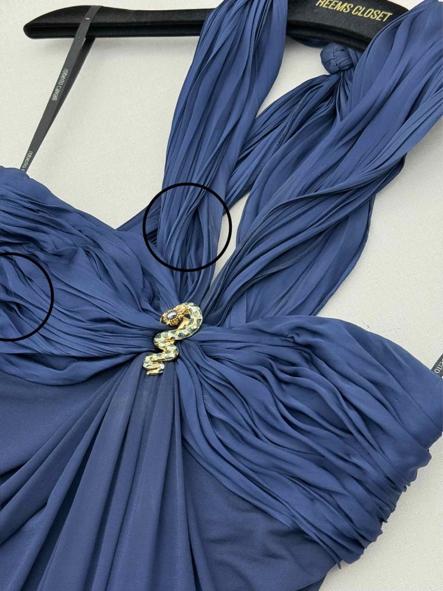 Pre - loved ROBERTO CAVALLI Navy Blue Ruched Size US 4 Long Dress at Reems Closet