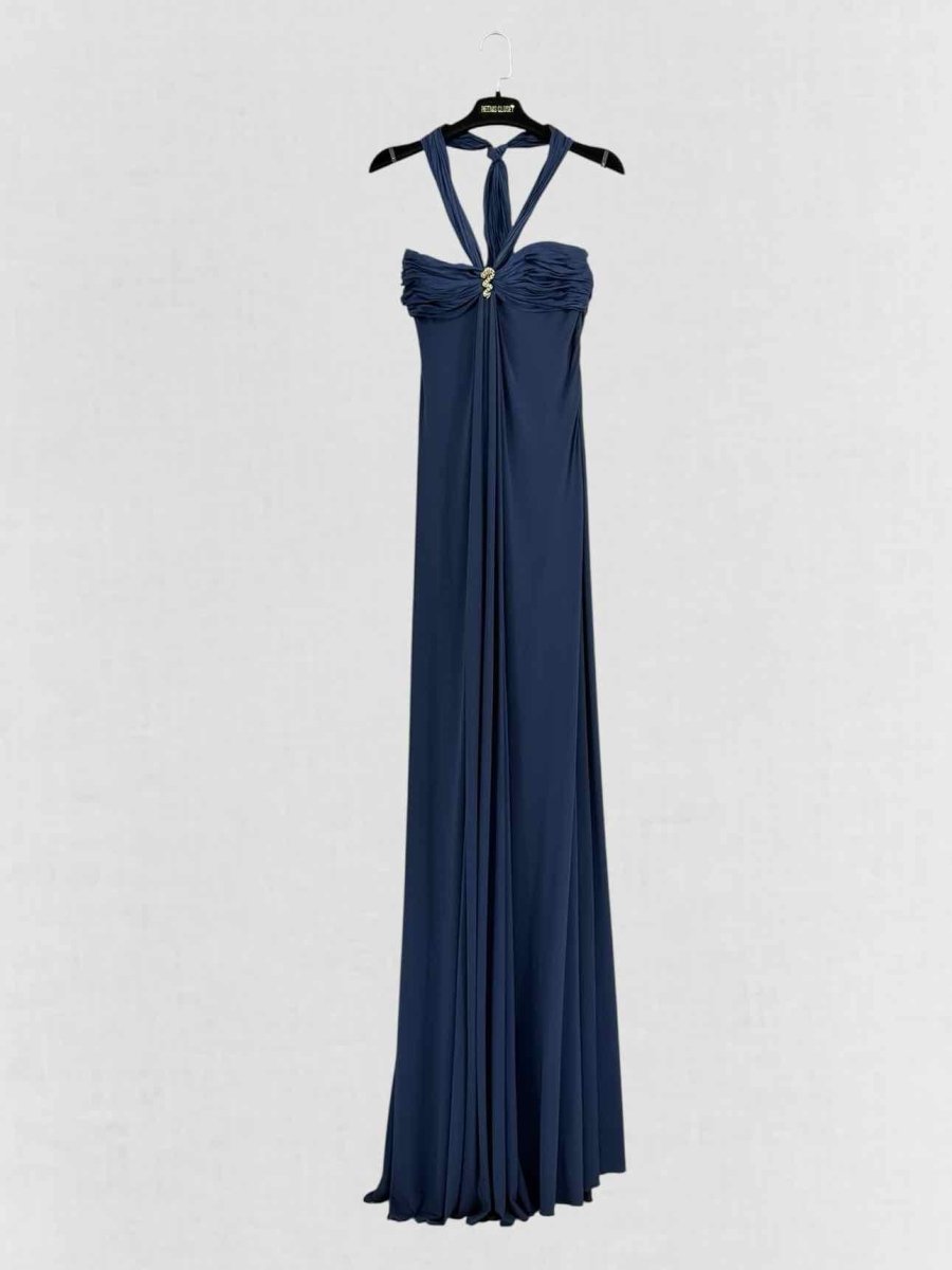 Pre - loved ROBERTO CAVALLI Navy Blue Ruched Size US 4 Long Dress at Reems Closet