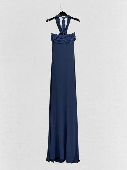 Pre - loved ROBERTO CAVALLI Navy Blue Ruched Size US 4 Long Dress at Reems Closet