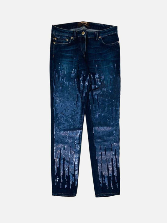 Pre - loved ROBERTO CAVALLI Straight Blue Sequinned Jeans at Reems Closet