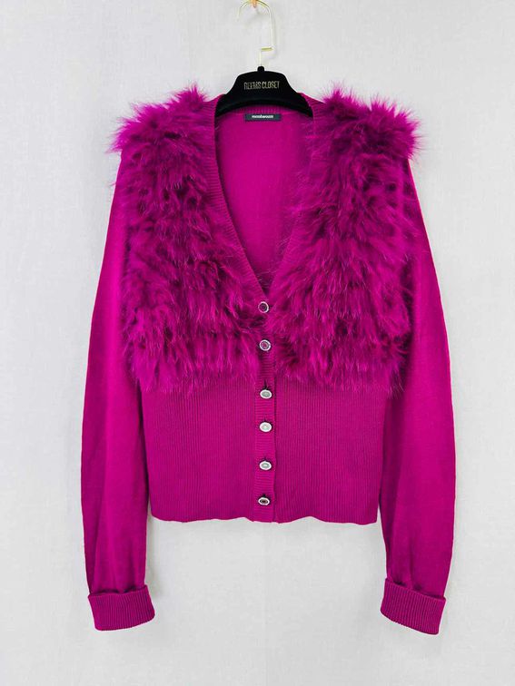 Pre - loved ROCCO BAROCCO Fur Trim Pink Cardigan at Reems Closet